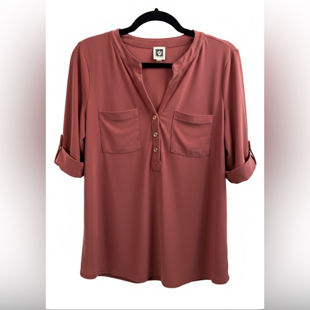 Anne Klein Deep Terracotta Roll Tab Sleeve Blouse with Gold tone Button Accents